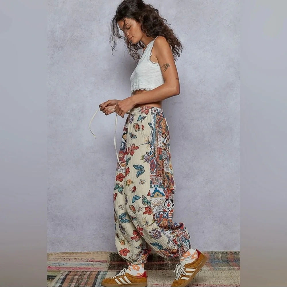 290 - POL Multicolor Butterfly and Floral Patchwork Joggers - Picture 2 of 6